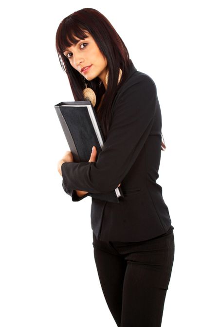 business woman smiling and holding a folderisolated over a white background