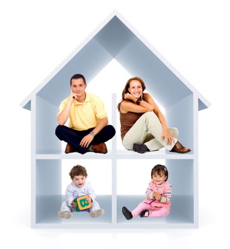 Family in a 3D home - isolated over a white background