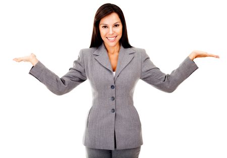 Happy business woman smiling with arms up - isolated over a white backgroudn