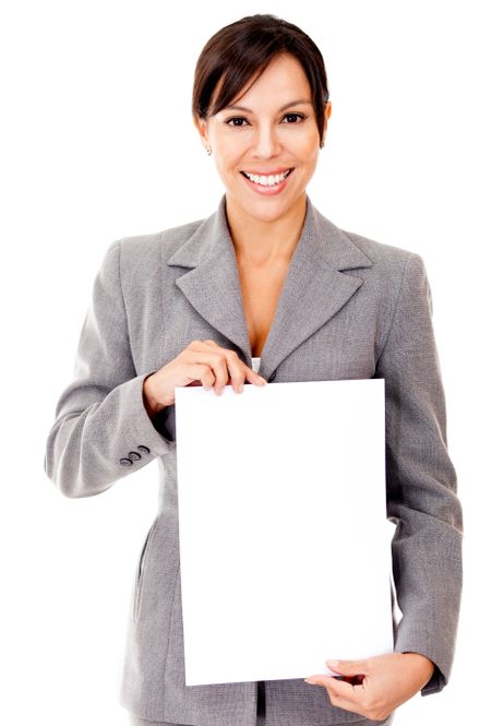 Business woman holding a document in blank - isolated over a white background