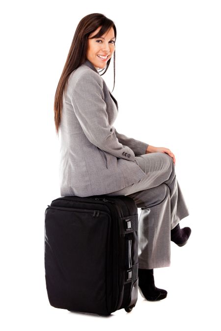 Business woman traveling with her bag - isolated over a white background