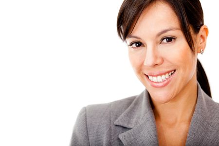 Beautiful business woman smiling - isolated over a white background