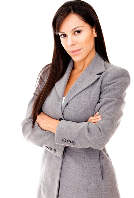 Successful business woman with arms crossed - isolated over a white background