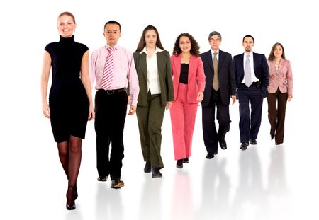 Business team walking forward - leadership and teamwork concepts using a group of businessmen and businesswomen isolated over a white background