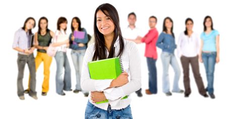 Casual woman with a group of college students smiling - isolated over a white background