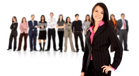 business team with a businesswoman leading it - isolated over a white background