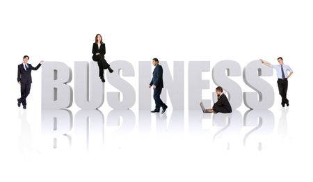 business team of people around the business word isolated over a white background