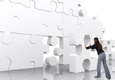 business woman making a puzzle over a white background