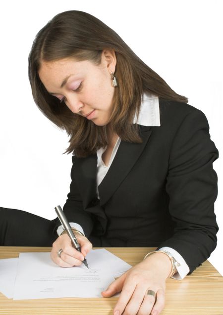 business woman signing papers over a white background