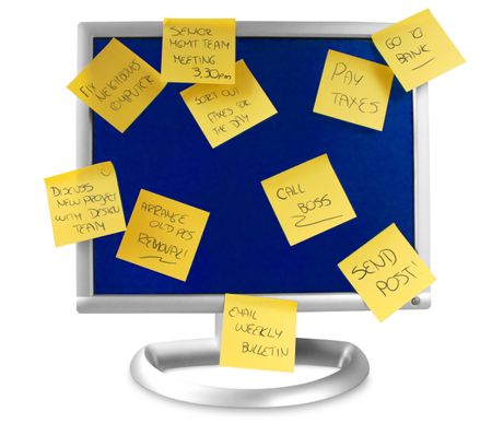 flatscreen monitor isolated with clipping path and some notes written on it