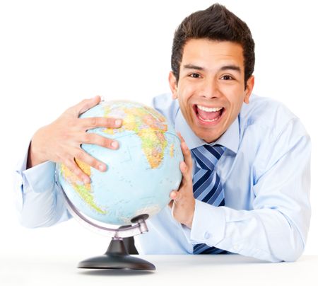 Man happy with his global business - isolated over a white background