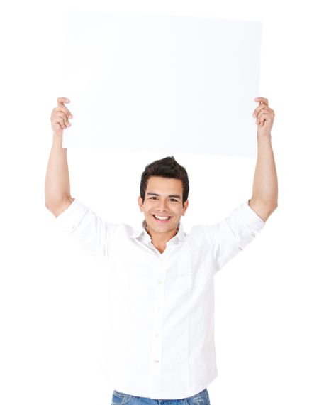 Happy man lifting a banner - isolated over a white background