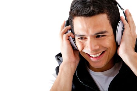 Happy man with headphones - isolated over a white background