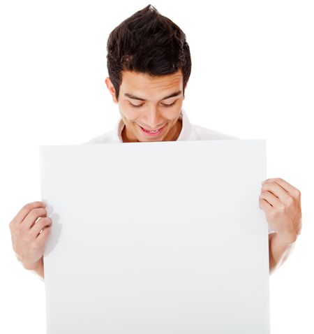 Surprised man holding a banner ad - isolated over a white background