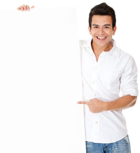 Man pointing at a banner - isolated over a white background