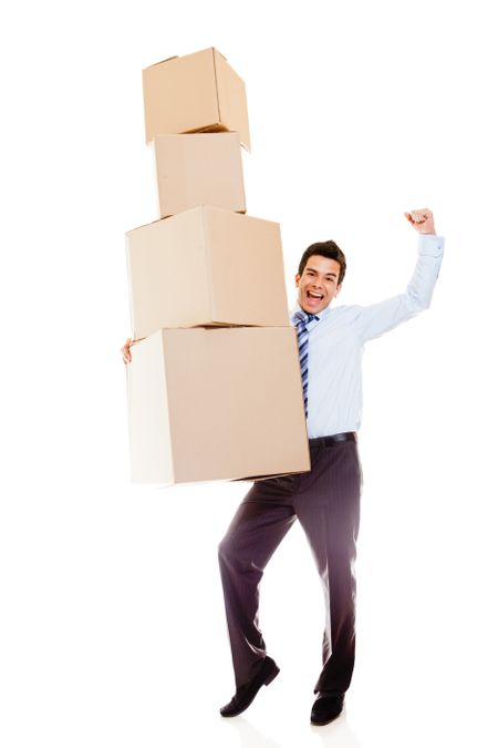 Businessman moving office and carrying boxes - isolated over a white background