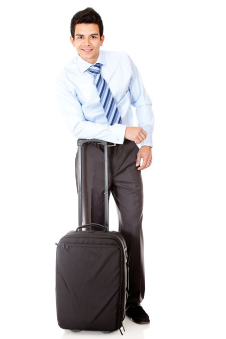 Business man traveling with his luggage - isolated over a white background