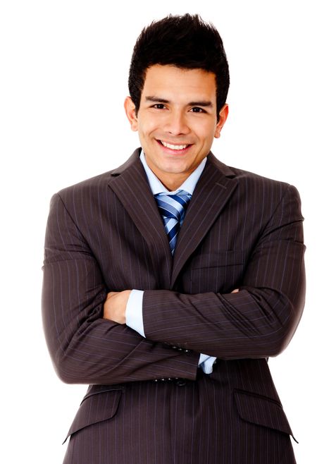 Business man with arms crossed and smiling - isolated over white