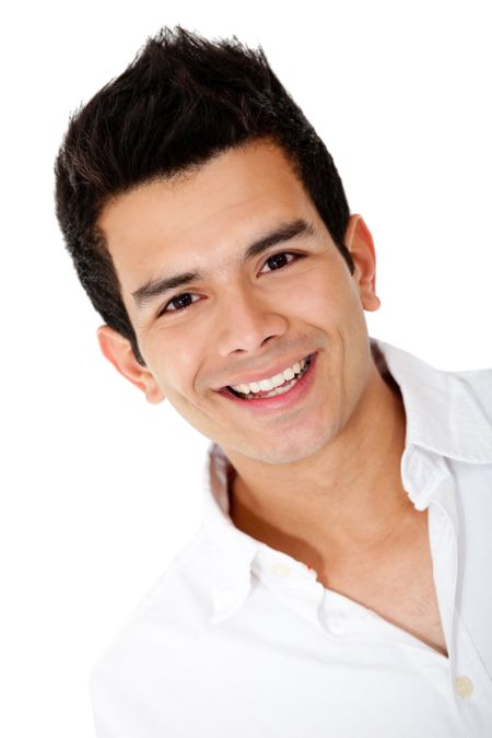 Portrait of a handsome man smiling - isolated over a white background