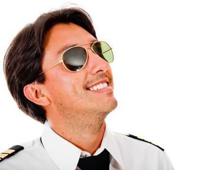 Male pilot wearing sunglasses looking up - isolated over a white background
