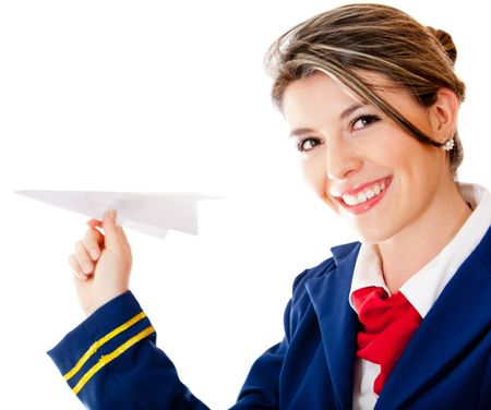 Flight attendant holding a paper airplane - isolated over a white background