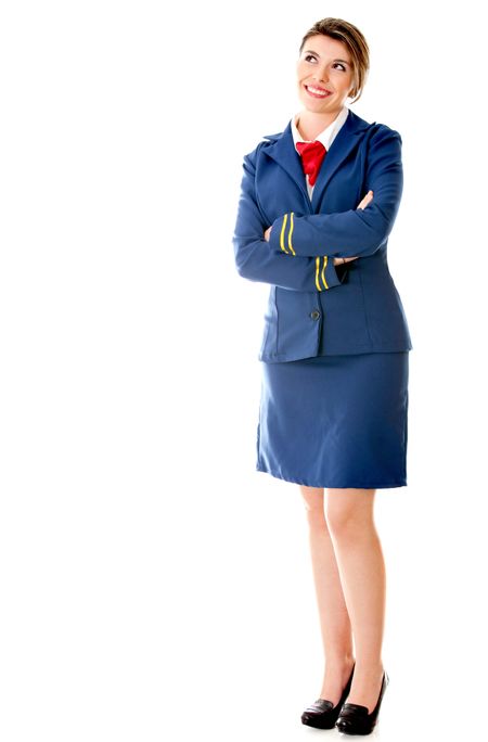 Pensive flight attendant looking up - isolated over a white background