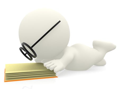 3D cartoon nerd reading a book - isolated over white background