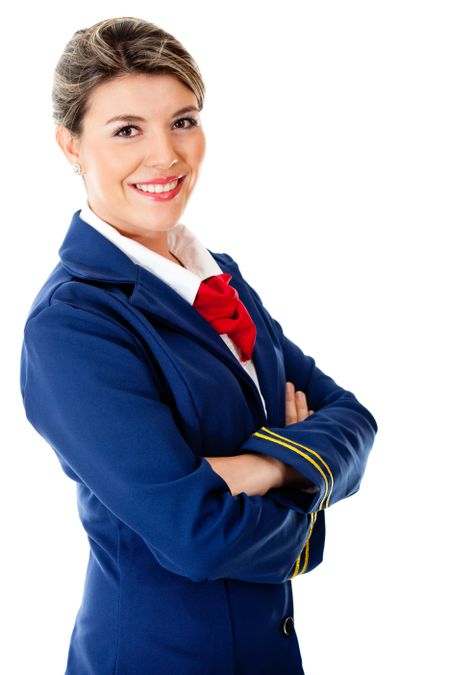 Confident stewardess smiling - isolated over a white background