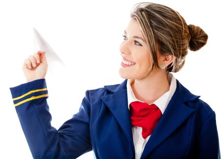 Stewardess holding a paper airplane - isolated over a white background