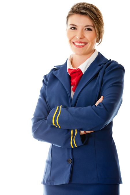 Beautiful air hostess with arms crossed - isolated over a white background