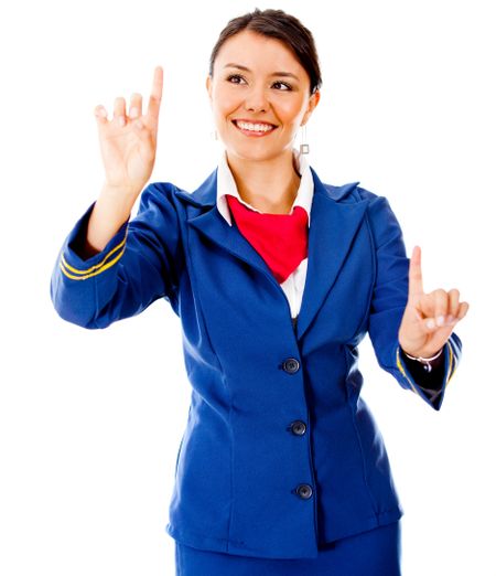 Air hostess pointing two destinations - isolated over a white background