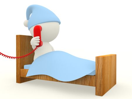 3D man calling from a telephone from bed  - isolated over white background
