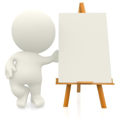 3D artist with canvas on a easel - isolated over a white background