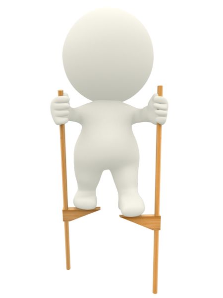 3D man walking on stilts - isolated over a white background