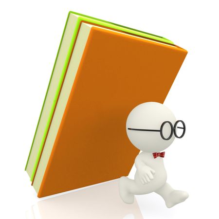 3D nerd being attacked by books - isolated over a white background
