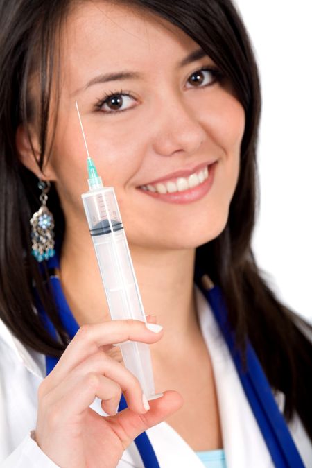 woman doctor with a syringe smiling over a white background