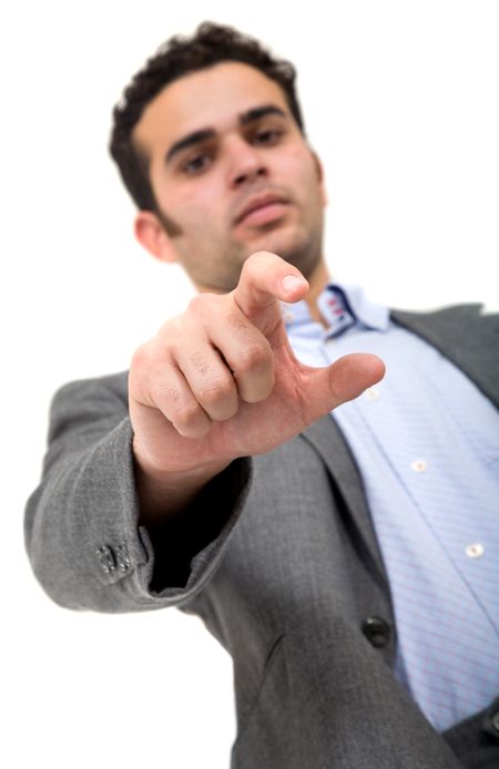 business man reaching for something with his hand isolated over a white background