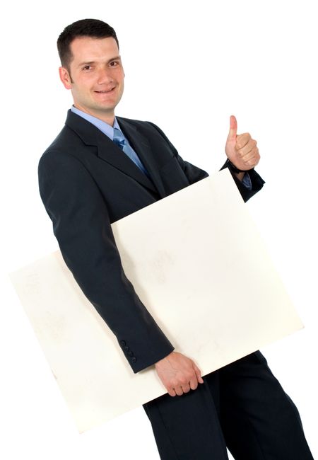 business man with a project and his thumbs up isolated over a white background