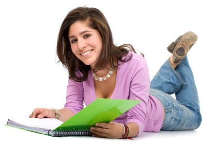 college student smiling and holding notebooks - isolated over a white background