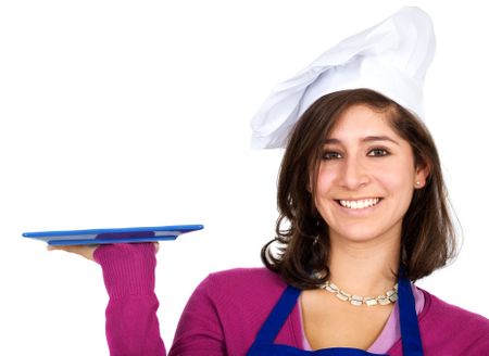 female chef holding a plate isolated over a white background