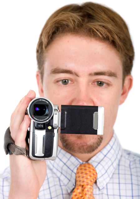 business man with a camera isolated over a white background