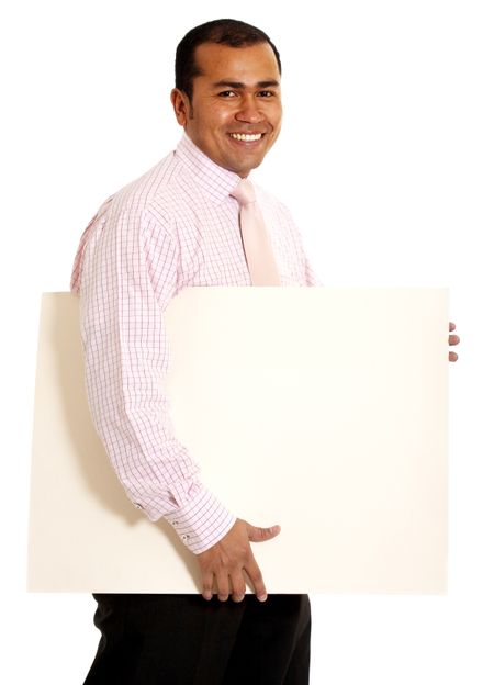 business man with a banner add isolated over a white background