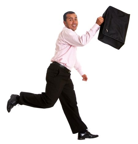 business man jumping and running with his briefcase isolated over a white background