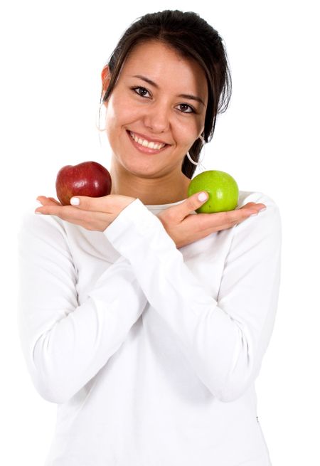 casual woman with apples isolated over a white background