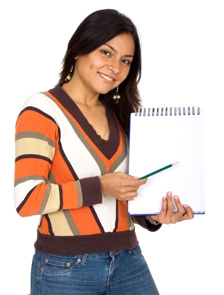 college student smiling and holding at notebook - isolated over a white background