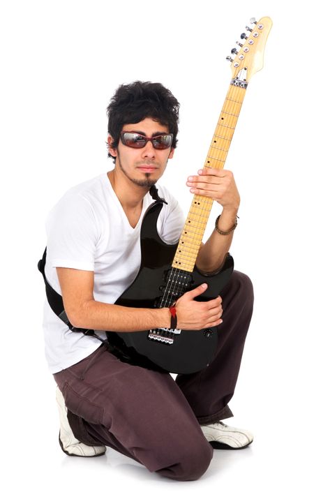 man with a guitar isolated over a white background