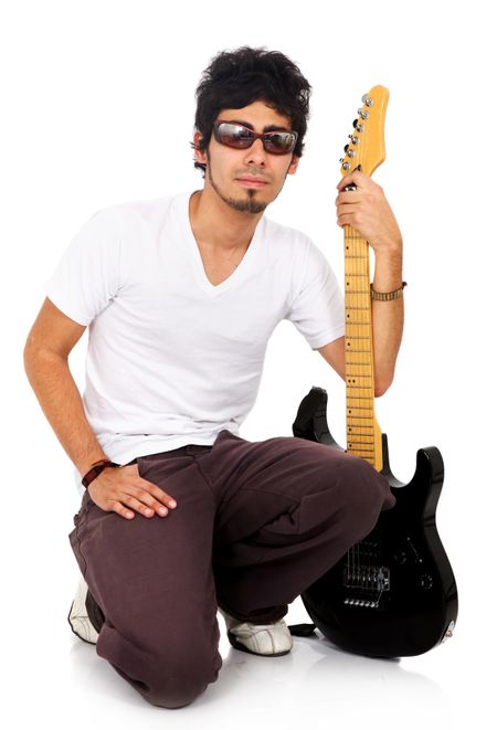 male guitarist isolated over a white background