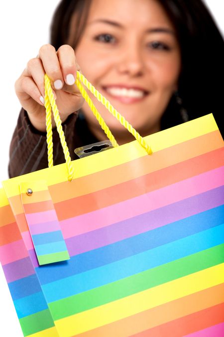shopping bag with a girl in the background - isolated over a white background