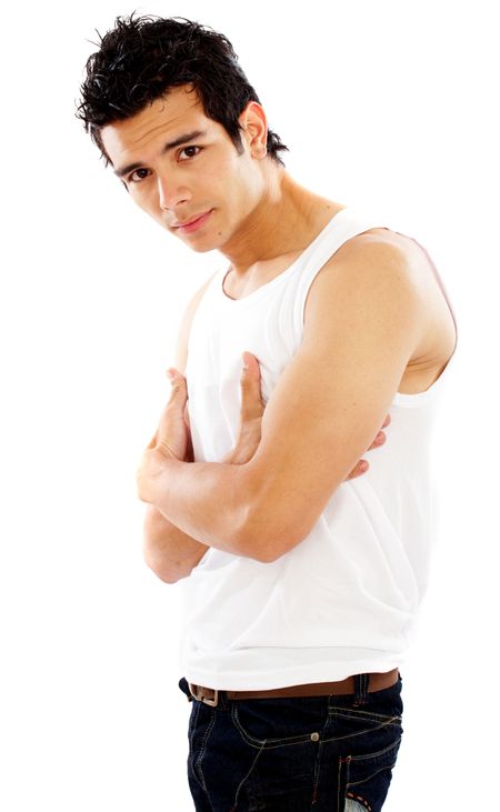 casual man portrait looking serious - isolated over a white background