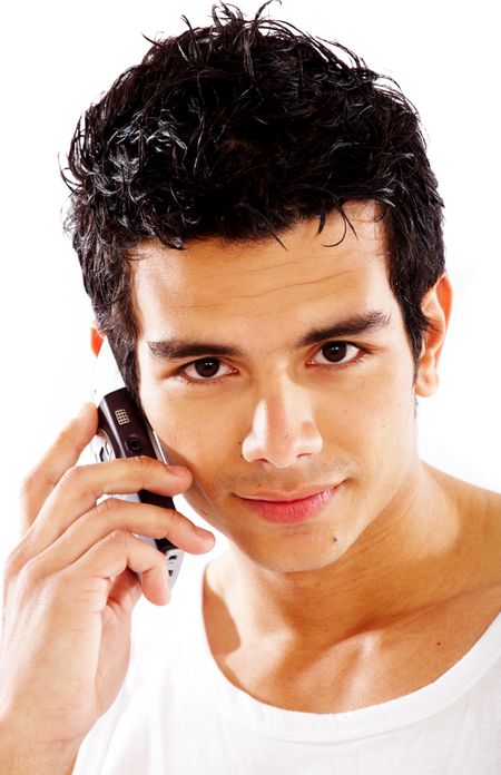 Man on the phone smiling isolated over a white background